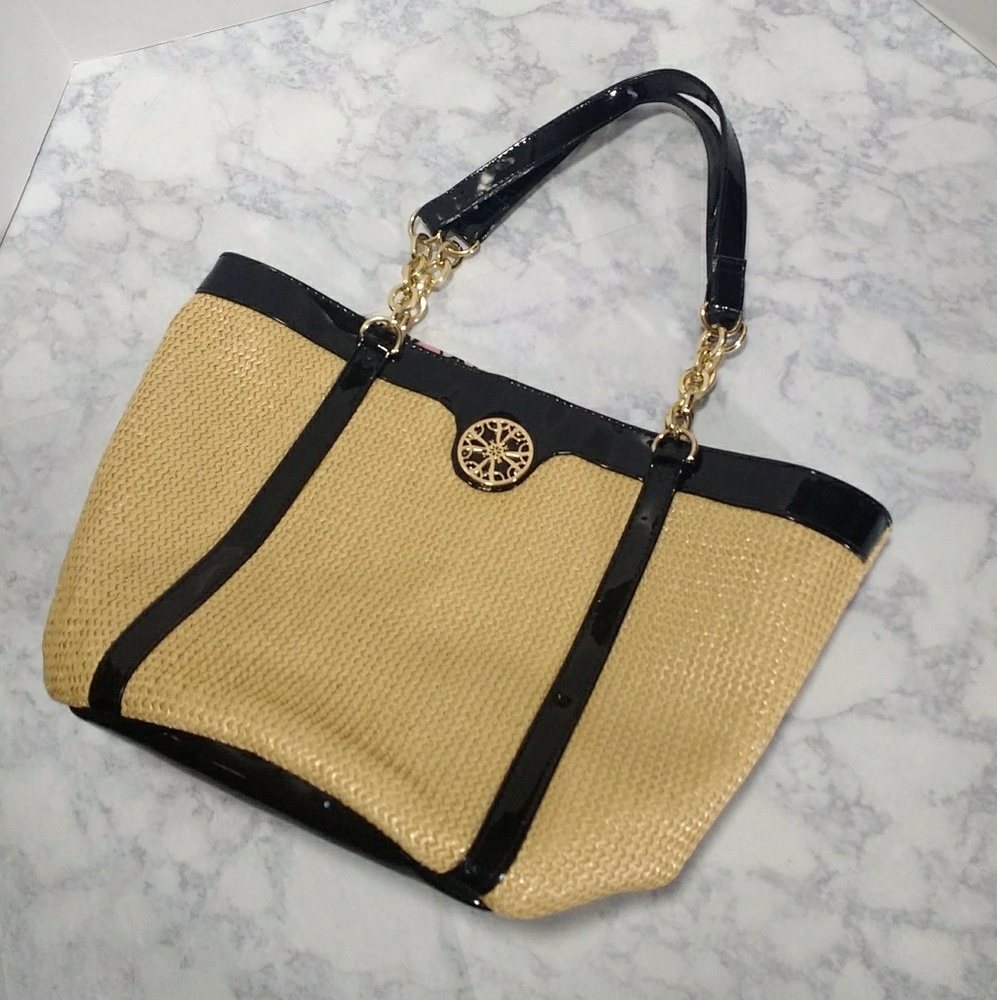 Avon Tan and Black Straw Tote with Gold Accents